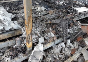 Remains of lithium-ion batteries believed to have caused a major fire in Queensland. Photo credit: Queensland Fire and Emergency Service